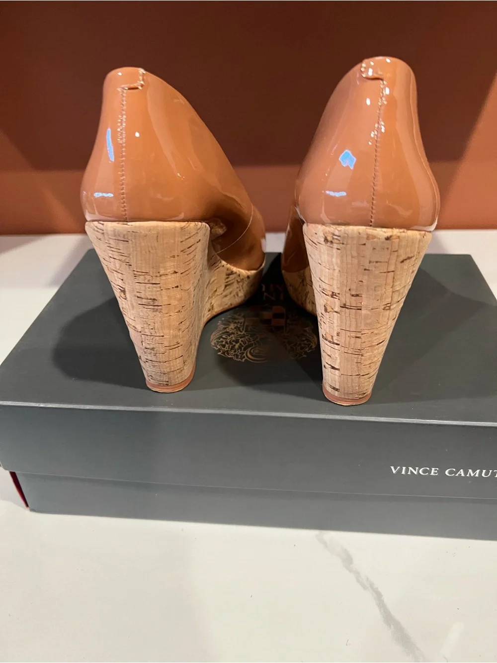 Vince Camuto nude Patent Cork Wedge Pumps